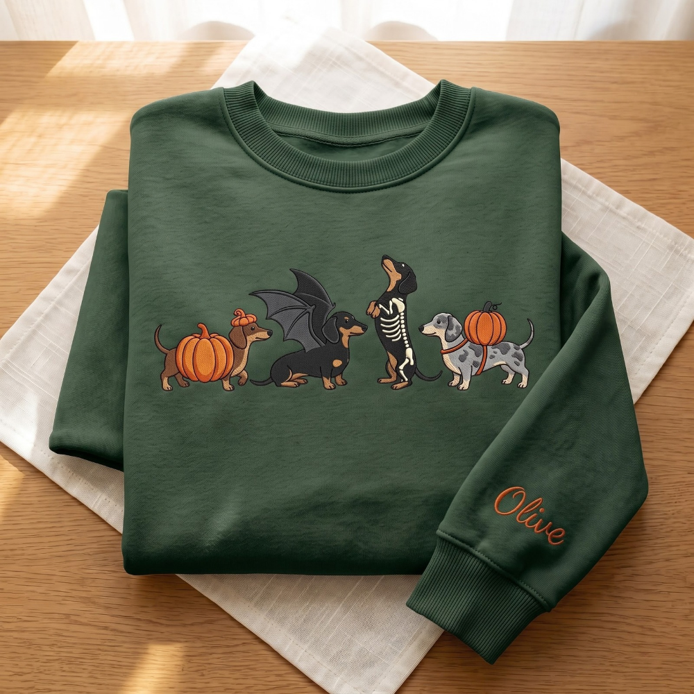 Personalized Halloween Dachshund Costumes Pumpkin Bat Wings Skeleton embroidered sweatshirt — front view