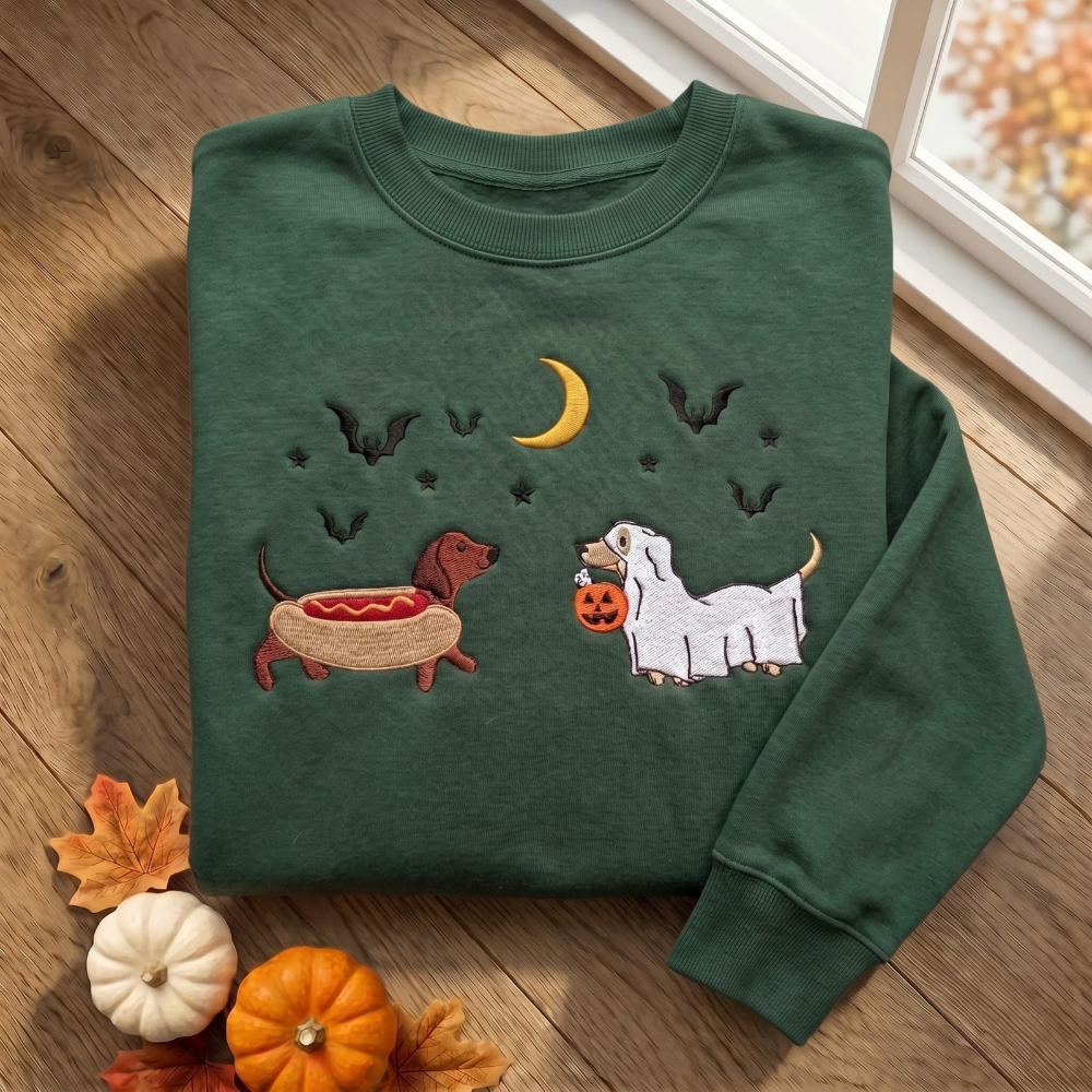 Halloween Dachshund Hot Dog Costume and Ghost Dog Pumpkin Bucket Bats Moon embroidered sweatshirt — front view