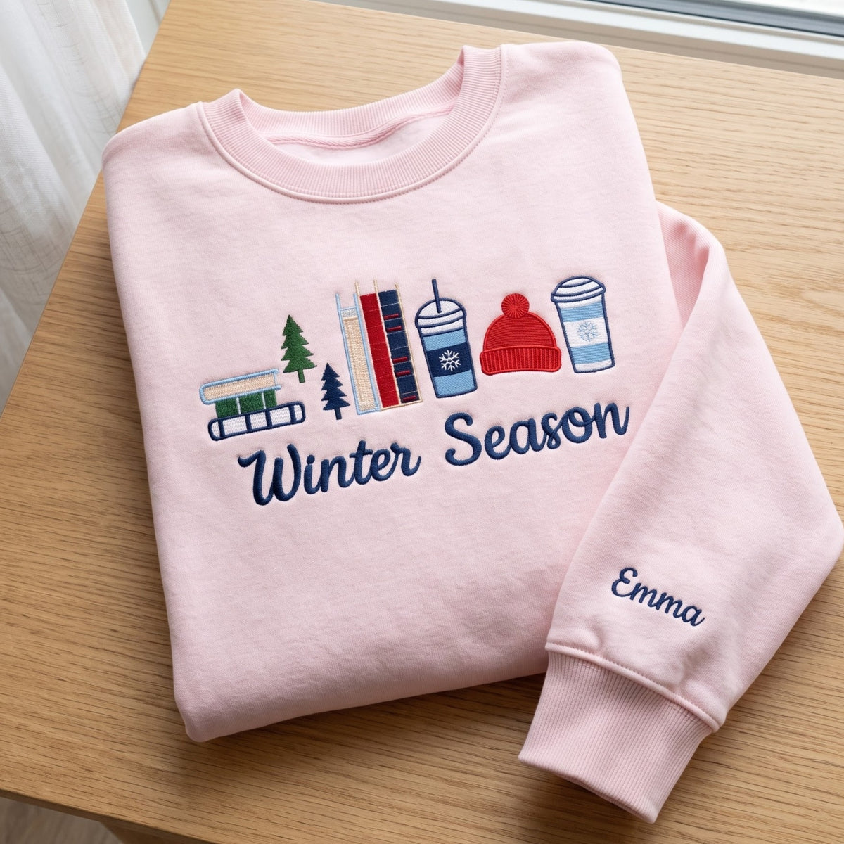 Personalized Winter Season Books Pine Trees Coffee Cups Beanie embroidered sweatshirt — front view - image 5