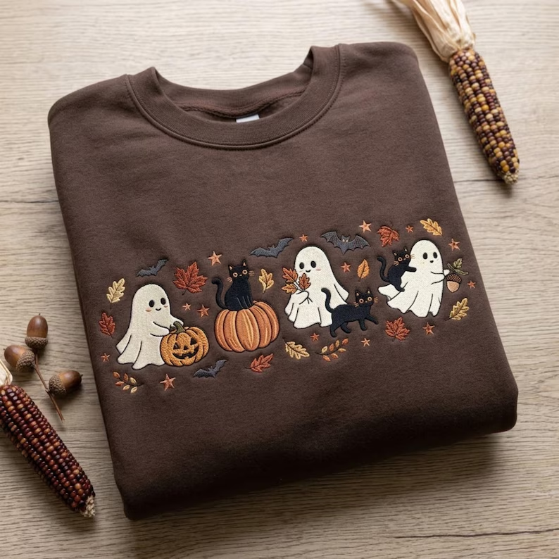 Fall Ghosts Black Cats Pumpkins Bats Autumn Leaves Embroidered Sweatshirt