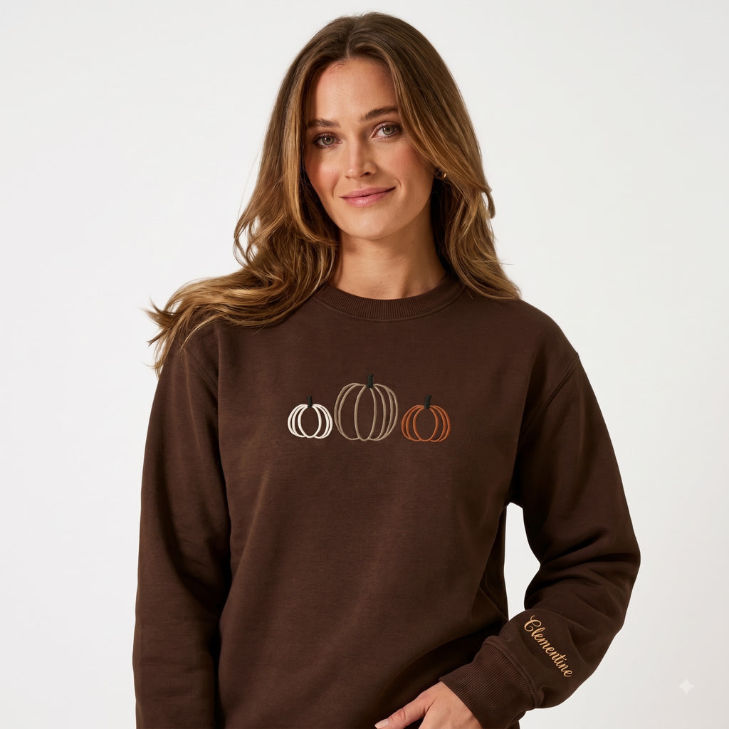 Personalized Fall Pumpkin Trio Minimalist Outline embroidered sweatshirt — front view