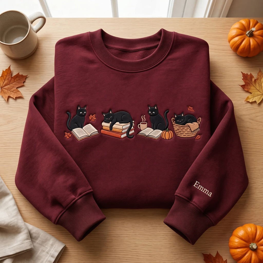 Personalized Fall Black Cats Books Cozy Autumn Reading embroidered sweatshirt — front view - image 2