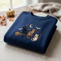 Three Cats Riding Witch Broom Crescent Moon Bats Halloween Embroidered Sweatshirt