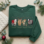 Christmas Cows Highland Cow Reindeer Antlers Ugly Sweater Lights Embroidered Sweatshirt