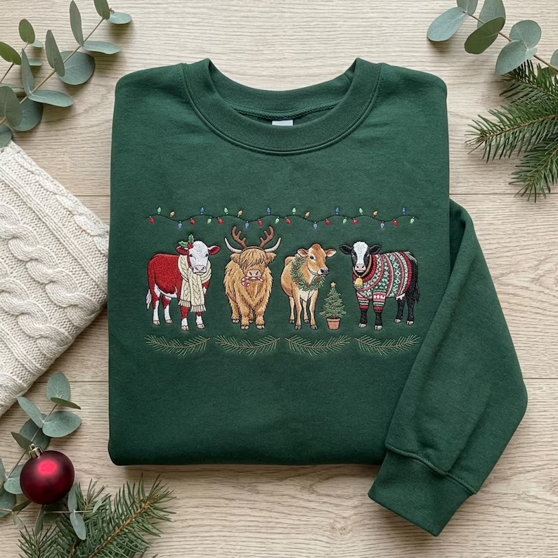 Christmas Cows Highland Cow Reindeer Antlers Ugly Sweater Lights Embroidered Sweatshirt