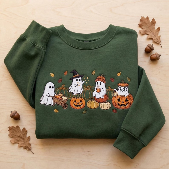 Ghosts Pumpkin Patch Witch Hat Coffee Wheelbarrow Fall Embroidered Sweatshirt